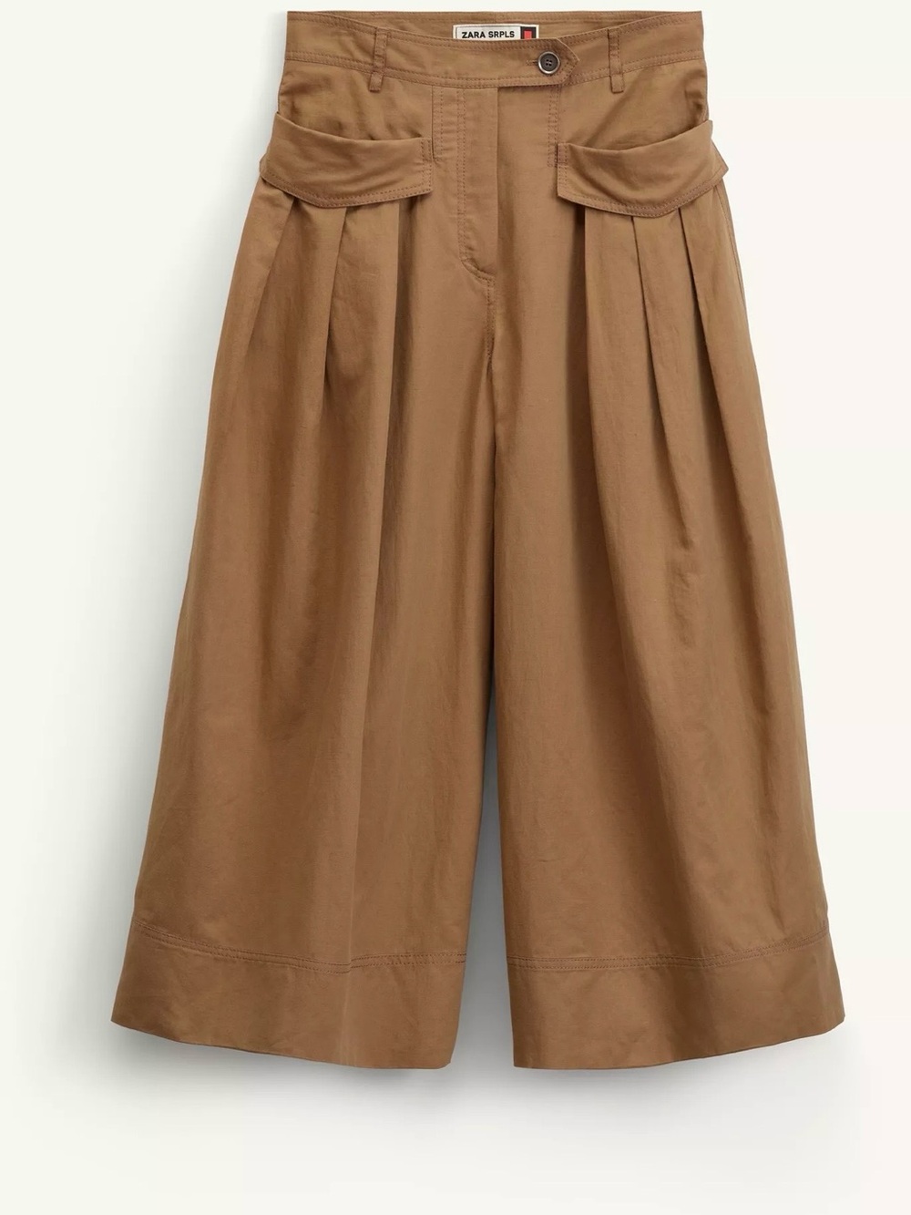 Zara Tan Wide-Leg Pleated Cropped Trousers